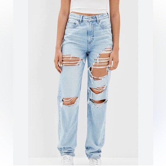 American Eagle Outfitters Highest Rise Baggy Straight Blue Jeans Distressed 00 - Picture 1 of 7